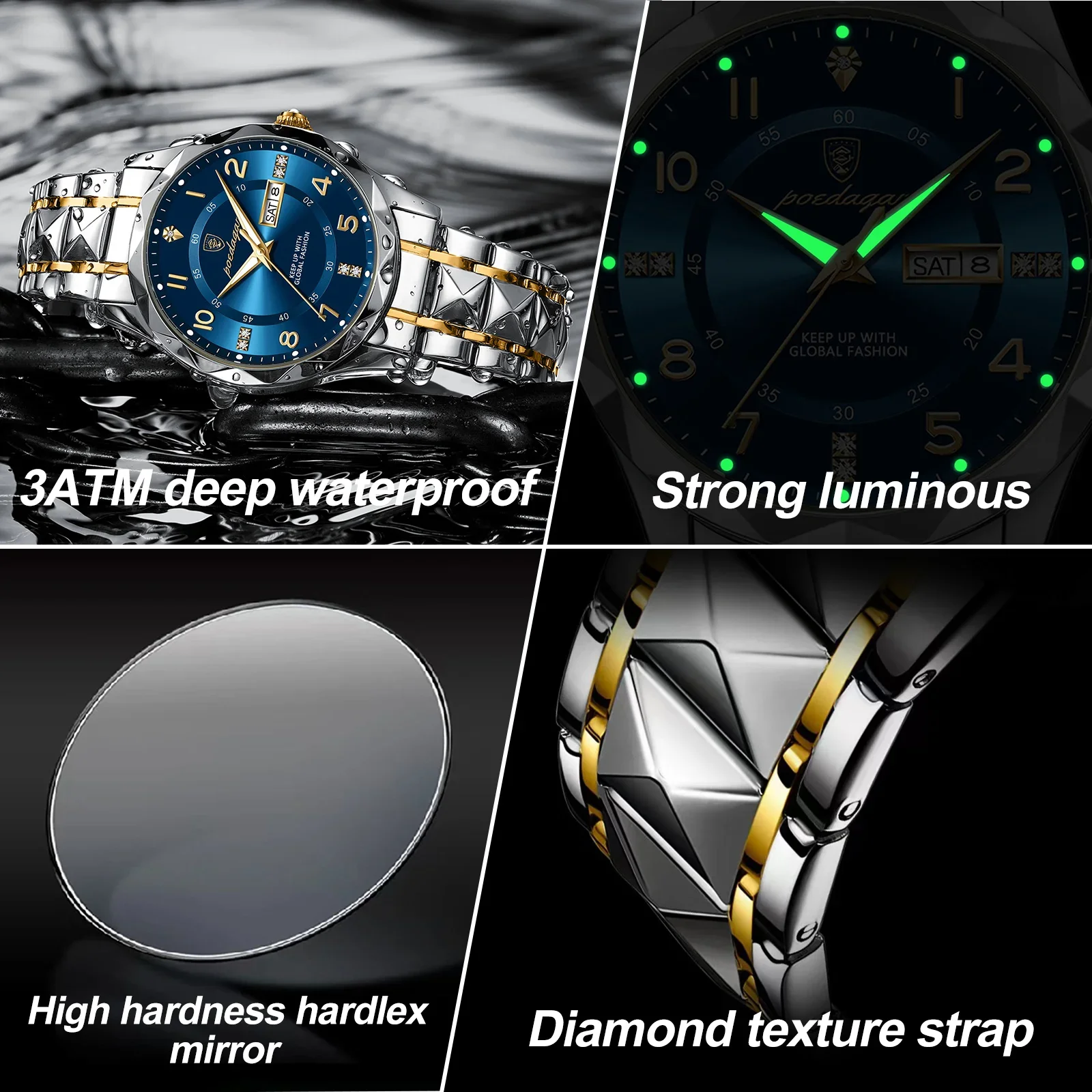 POEDAGAR Luxury Men Quartz Watch Waterproof Date Week Luminous Wristwatch Stainless Steel Men\'s Watches Male Clock Sports Reloj