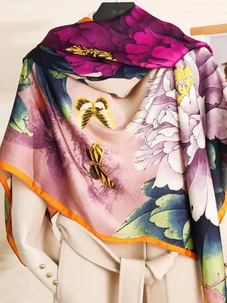 Large Square Scarf 110 * 110cm Beautiful Brocade Spring And Autumn Korean Version Versatile Satin Square Scarf Female Silk Scarf