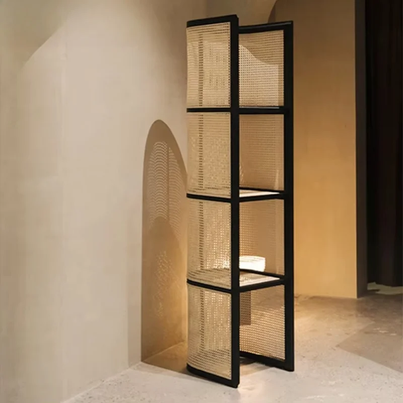 living room display stand Rattan solid wood frame corner cabinet