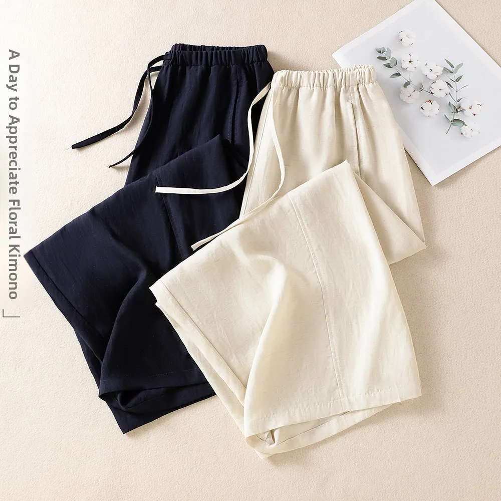 

Women's Summer Thin Wide Leg Pants Ice Silk Balloon Pants Nine Points Natural Waist Casual Trousers Pure Color Pocket Design