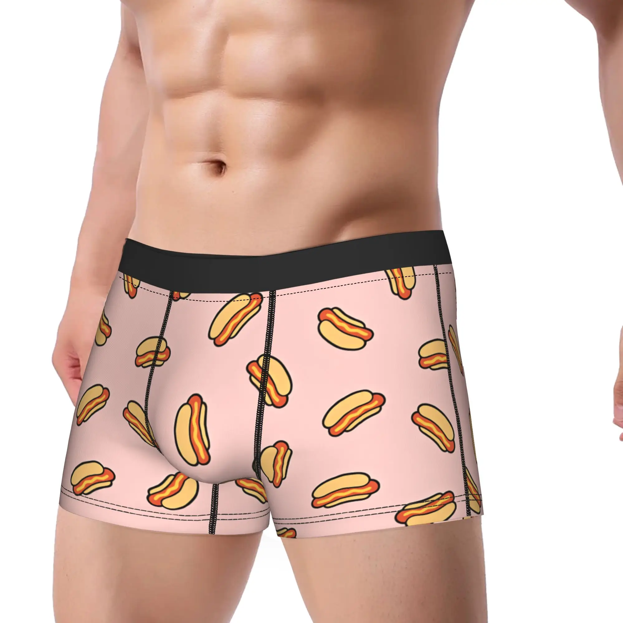 Pink Background Hot Dog Seamless Pattern Underwear  Males Boxer Brief Breathable Boxershorts Trenky Custom DIY Plus Size Panties