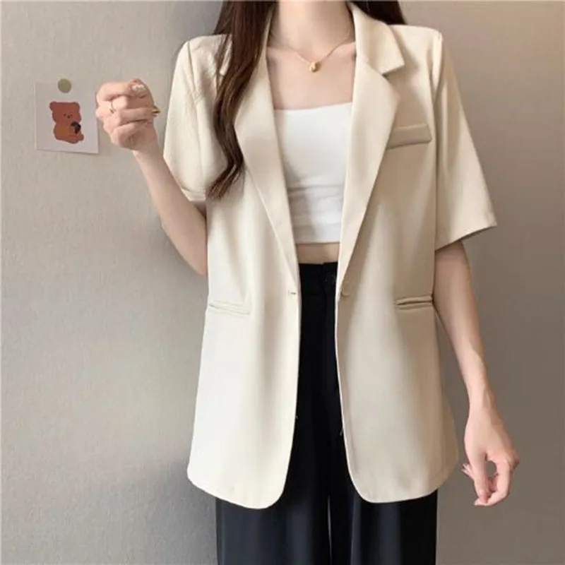 White Short-sleeved Women Summer Chic Single Button Notched Collar Outwear Ladies Korean Loose Office Suit Coat
