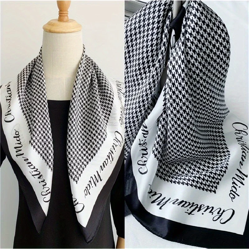 

26.77" Black White Houndstooth Letter Square Scarf Thin Satin Shawl Elegant Style Sunscreen Headscarf For Women