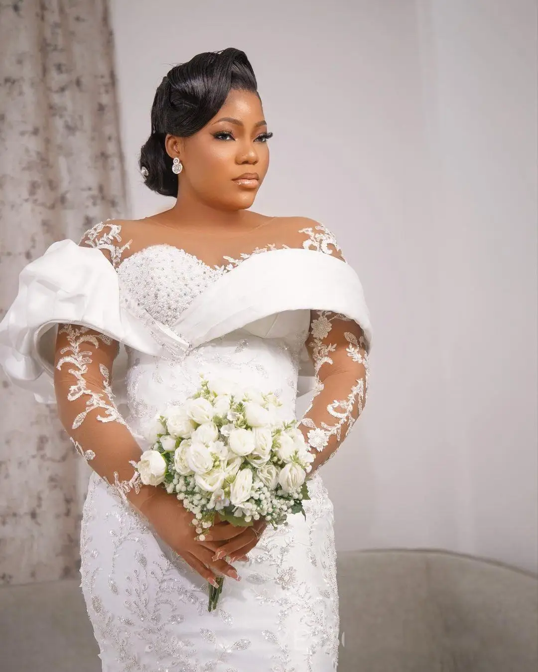 فستان زفاف حورية البحر أنيق برقبة شفافة مزين بالخرز للعروس فيستدو دي نويفا بأكمام طويلة فستان زفاف متواضع