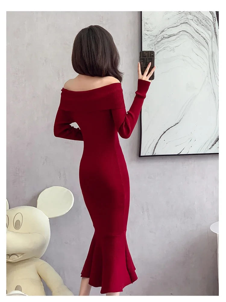 Jesień ciepła moda kobieta elegancka odzież dzianiny Vintage sukienki syrenka seksowny sweter z głębokim dekoltem sukienka Femme Winter Vestido