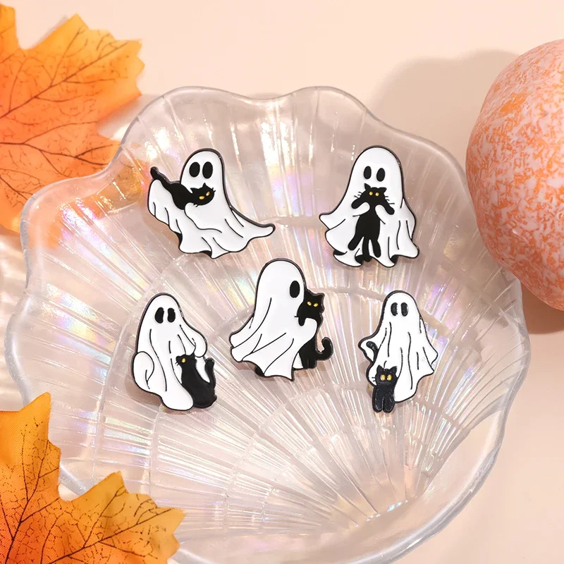 Boo With Black Cat Brooch Enamel Pin Custom Halloween Punk Ghost Brooches Accessories for Shirt Clothes Lapel Badge Jewelry Gift image 5