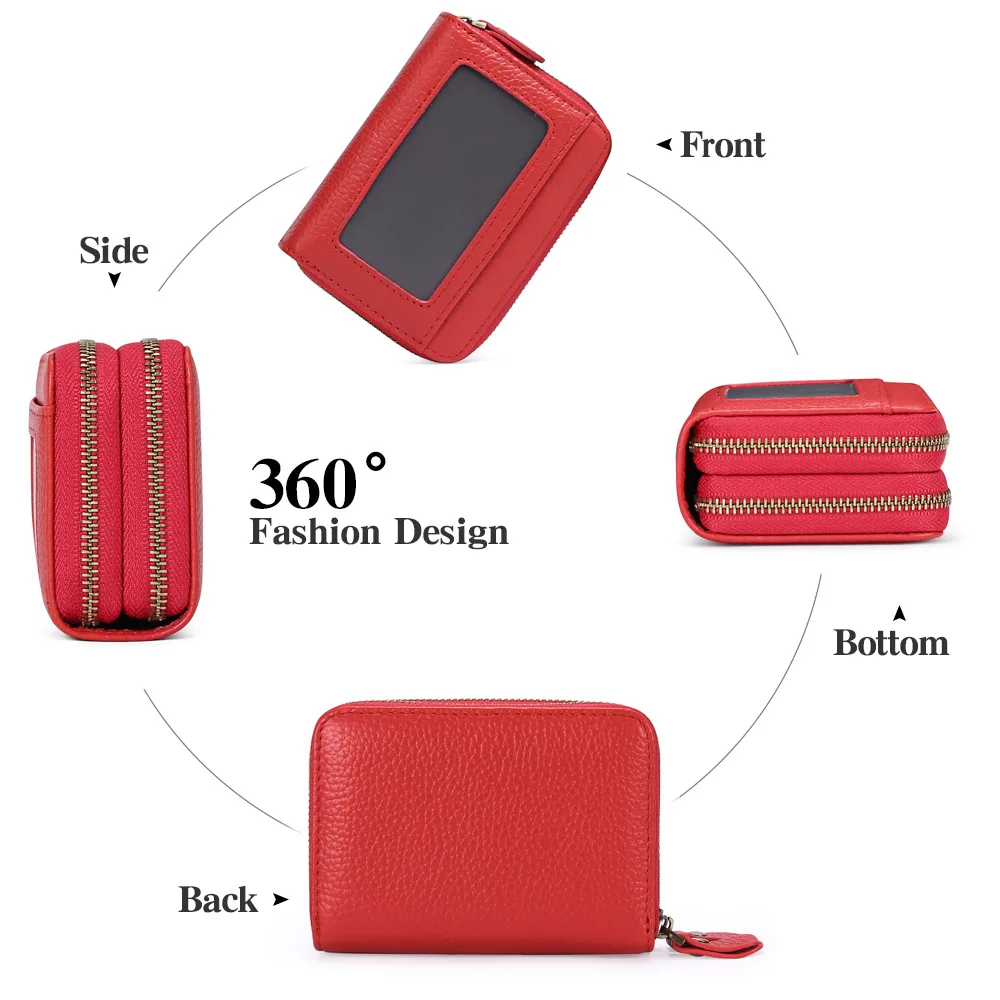 Lady Double-zip Accordion Card Bag With RFID Anti-magnetic Genuine Leather Card Holder For Large Capacity ID Bag With Gift Box