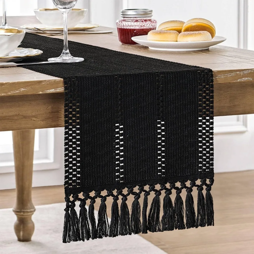 

American Style Boho Table Runner Rustic Rectangular Festival Dining Table Cover With Tassel Solid Color Tablecloth Family Dinner