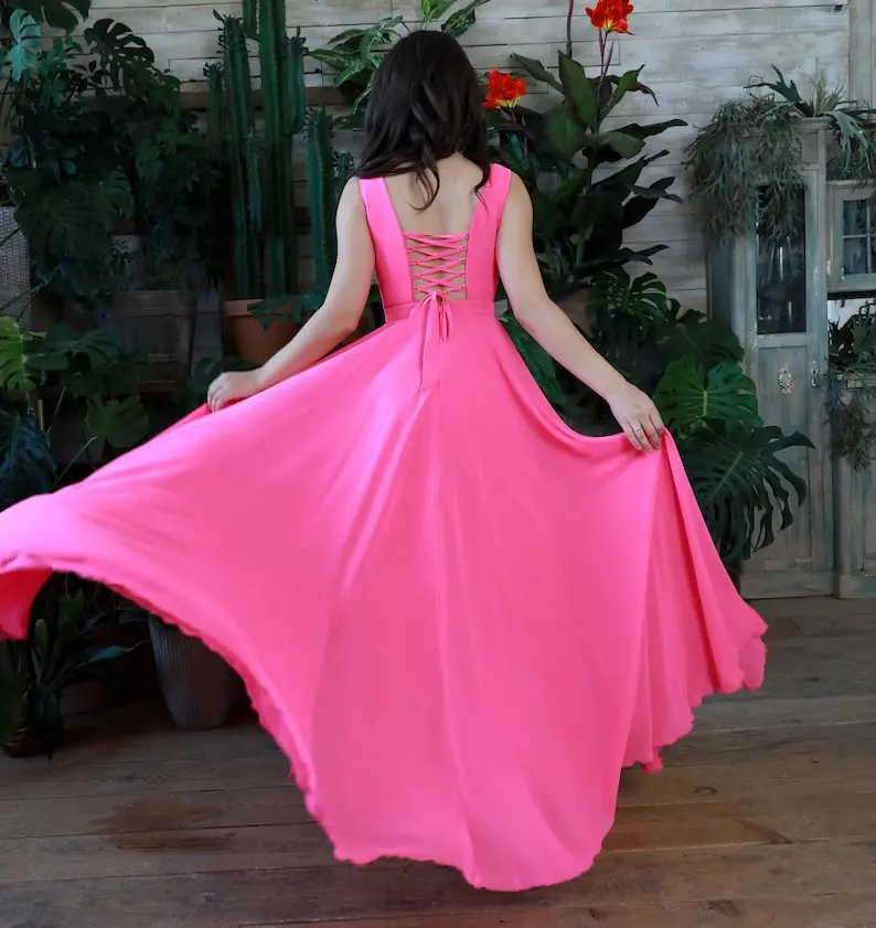 Elegantes Chiffon-Abendkleid, Korsett-Mieder, drapiert, V-Ausschnitt, Schnürung hinten, hoher Schlitz, Damenmode, elegantes Kleid