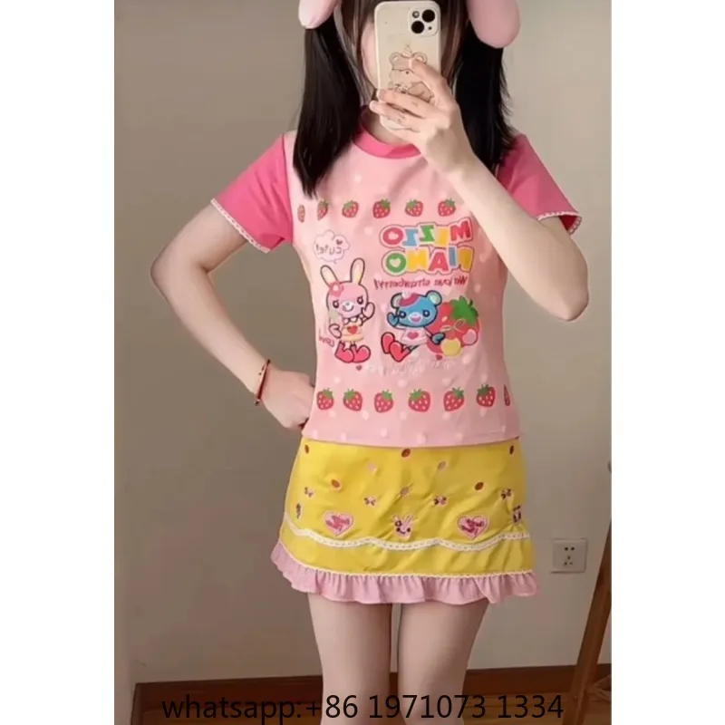 Japanese Kawaii Cartoon Print Tshirts Harajuku Contrast Patchwork Lace Fairy T-shirt Women Y2k Aesthetic Grunge Cropped Tees view 6