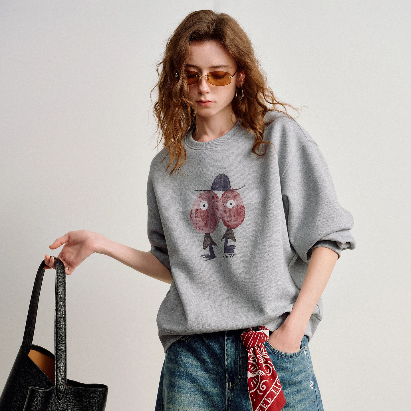 TOYOUTH Women Crew Neck Loose Hoodies 2026 Spring New Anthropomorphic Heart Fun Pattern Casual Age-Reducing Tops