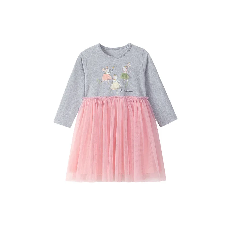 

2025 New Autumn Pink Little Mouse and Little Rabbit Cartoon European and American Style 100 Cotton Soft and Cute Printed Dress