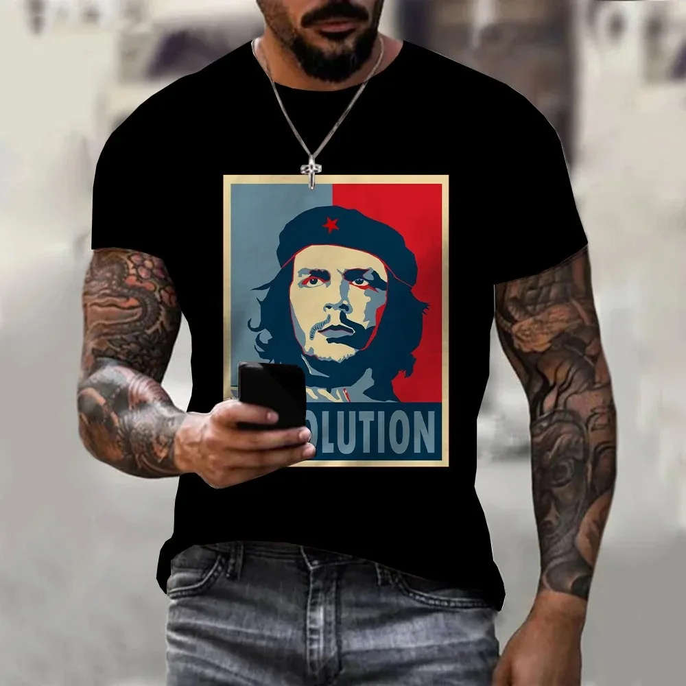 Che Guevara Print Men's T-Shirt, Harajuku Style Casual Crew Neck Short Sleeve Pullover, Summer Loose Top Women And Men T-shirts