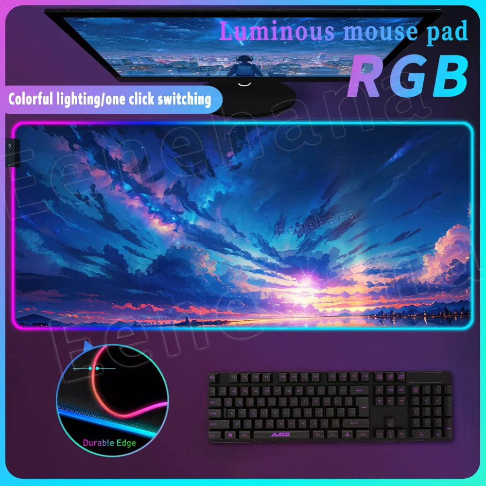 RGB Pink Sunset Starry Sky Cartoon for Home Office Xxl Expansion Pad Landscape Rubber Computer Game Accessories Large Game Pad