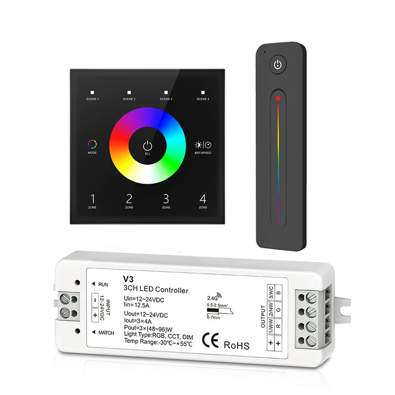 Led RGB Strip Control System 100V-240V Input 4 Zone RF Wireless Wall Touch Panel T13 With V3 Constant Receiver and R13 Reomte