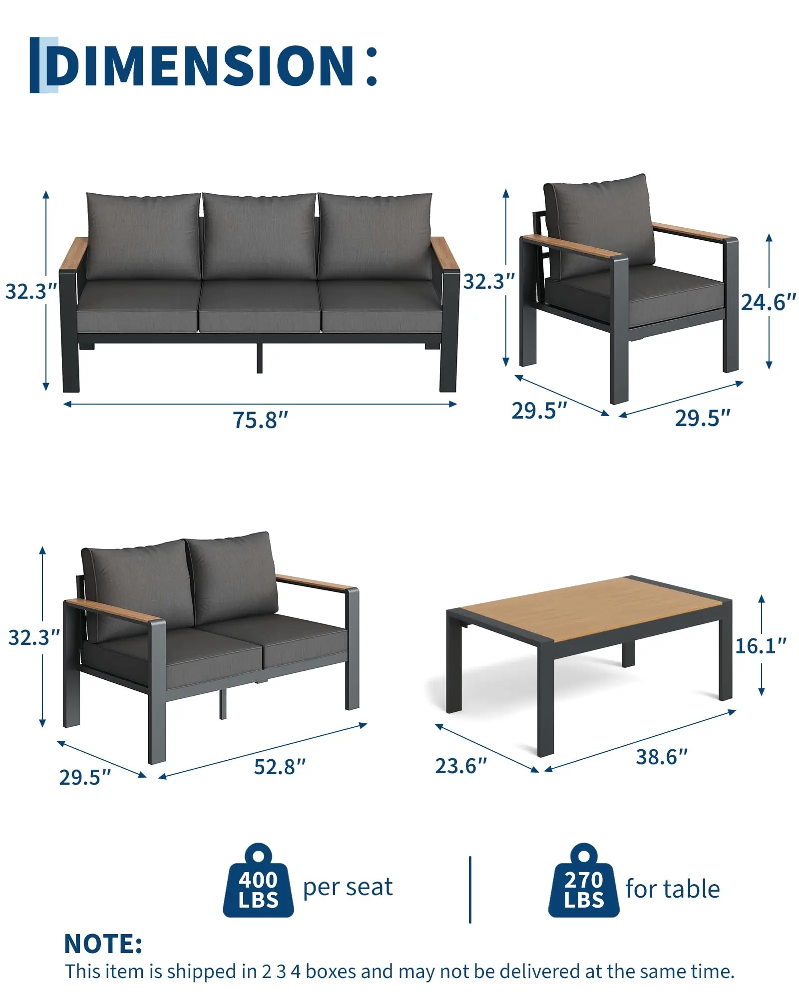 Aluminum Outdoor Patio Furniture Armchair -1PC, All-Weather Outdoor Patio Sofa with Washable Thick Cushion, Patio Sofa