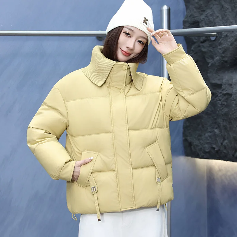 2026 Fashion Down Cotton-padded Jacket Women's Winter Short Parkas Knitted Wide Lapel Coats Student Thicken Warm Loose Outerwear