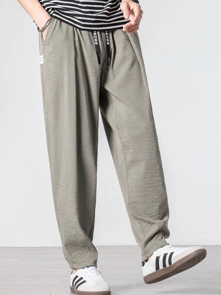 여름 코튼 캐주얼 조깅 린넨 바지 남성 아이스 실크 헐렁한 바지 남성 워킹 와이드 레그 루즈 스웨트 팬츠 중국어