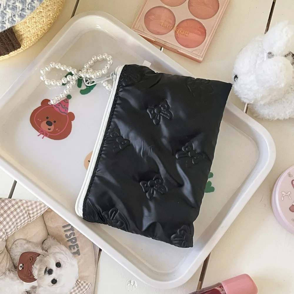 패션 리본 디자인 휴대용 수납 가방 지퍼 버튼 진주 화장품 수납 위생 매트 가방 메이크업 가방