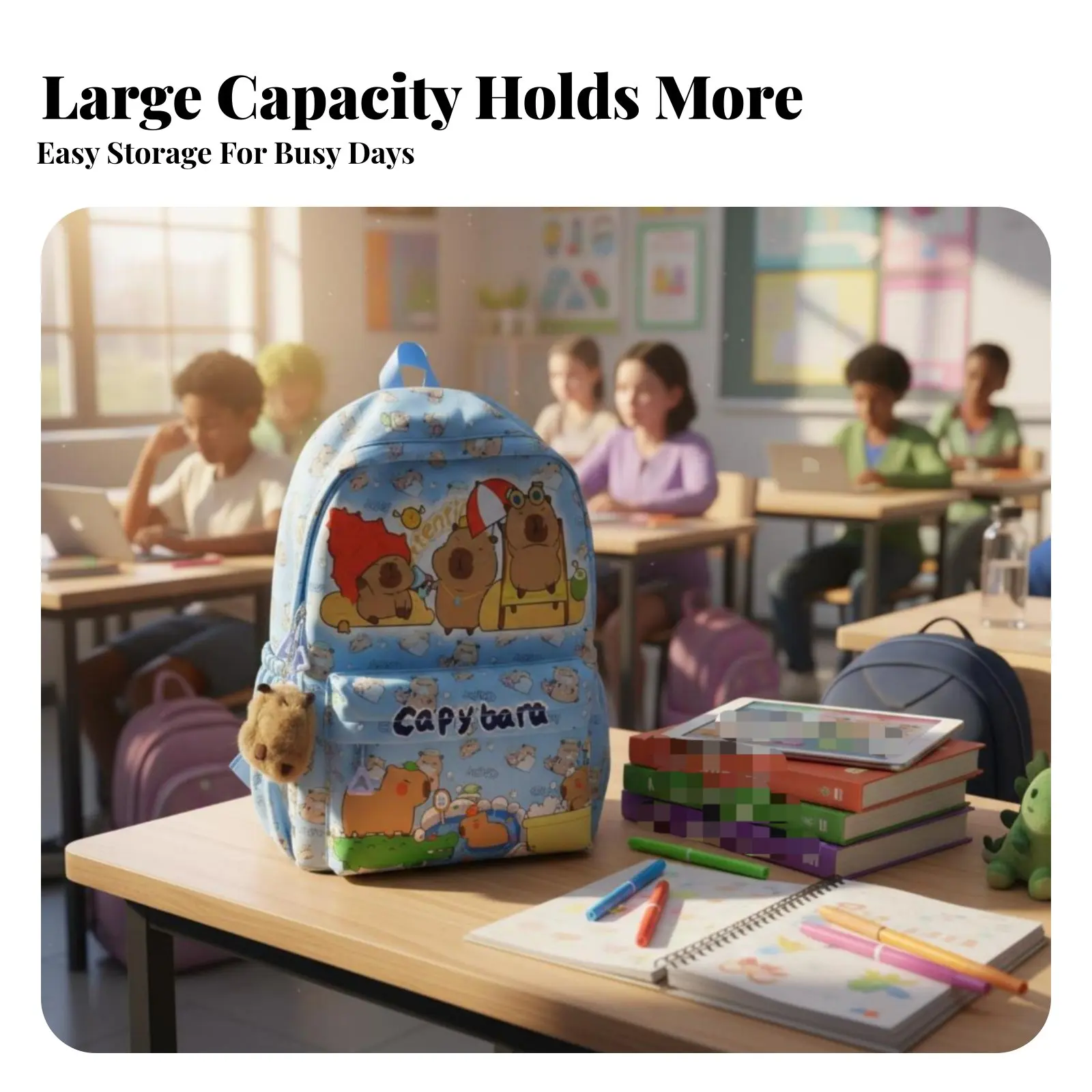 

Capybara Cartoon Backpack, Kids School Bag, Large Capacity, Lightweight, Cute Animal, Travel