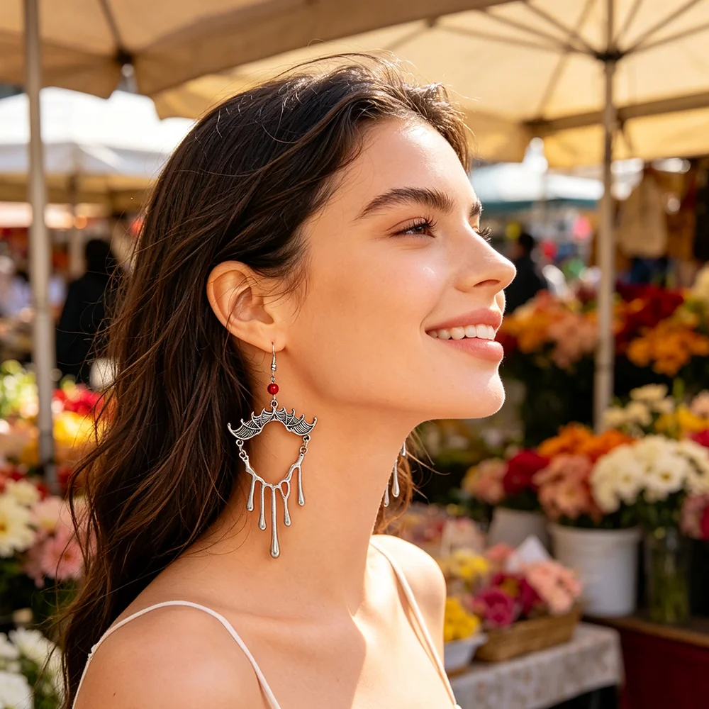 Dark style bat shaped long earrings, trendy and personalized accessories, eye-catching and versatile for daily wear - view 5