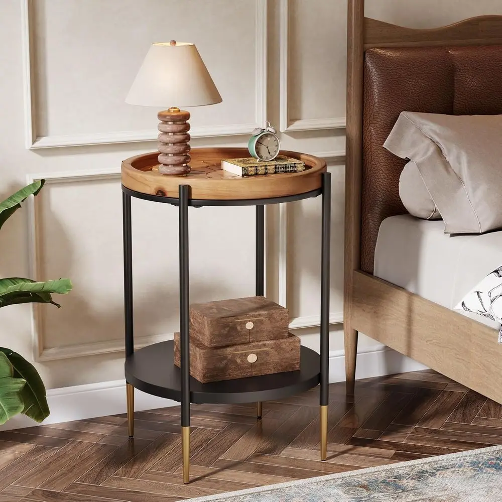 

Two-Tier Solid Wood and Metal End Table, Rustic Brown, Ideal for Small Spaces in Living Rooms, Bedrooms, and Studies
