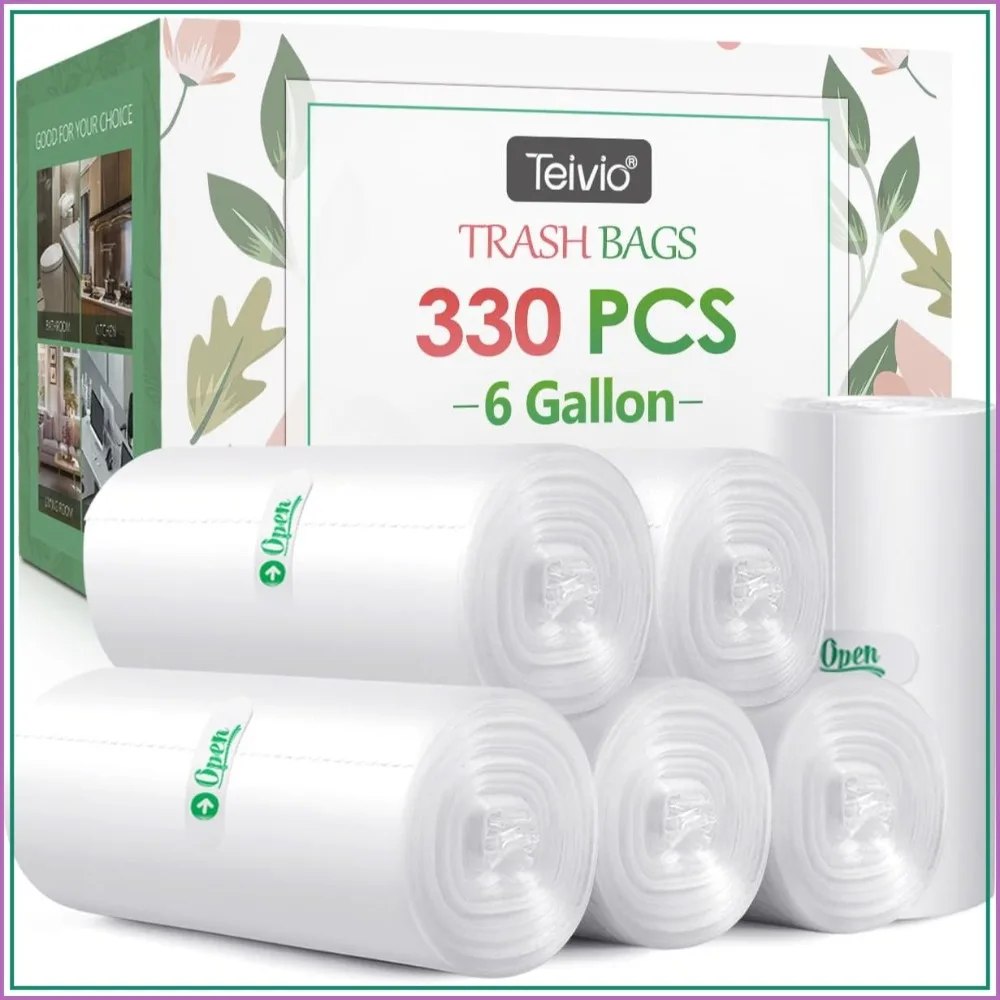 

6 Gallon 330 Counts Strong Trash Bags, Bathroom Trash Can Liners, Plastic Bags for Home Office Kitchen, Clear