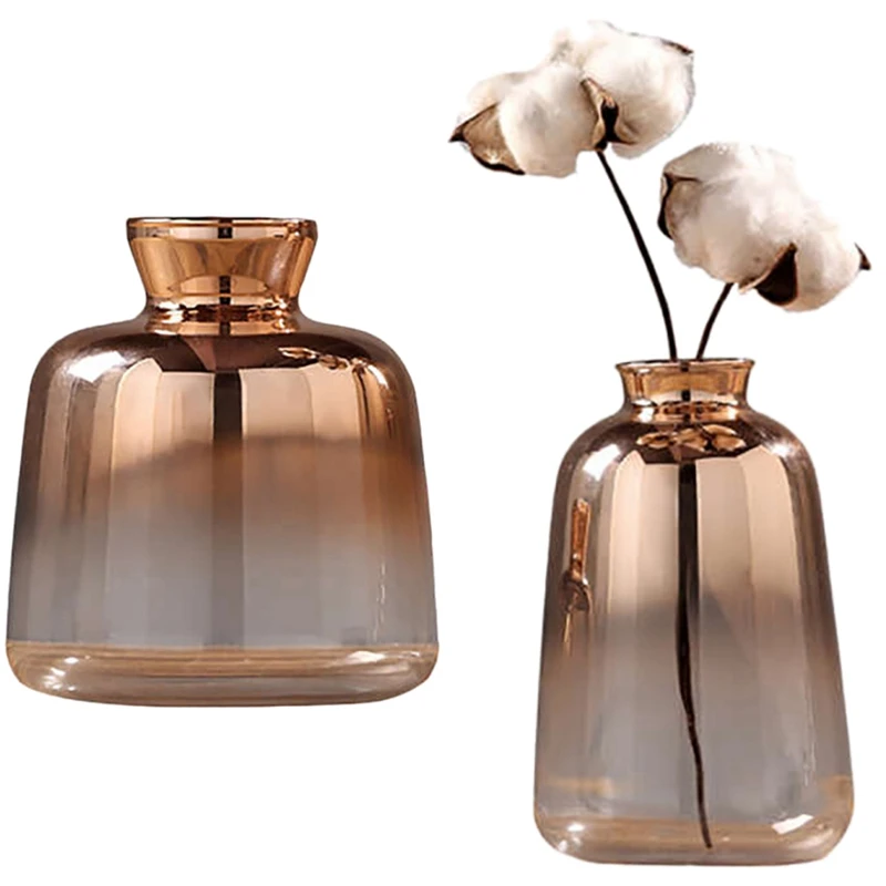 2Pcs Glass Vase Electroplated Gold Vase Glass Flower Vases For Home Decor Dried Flower Bottle - 11 X 9Cm & 14 X 9Cm