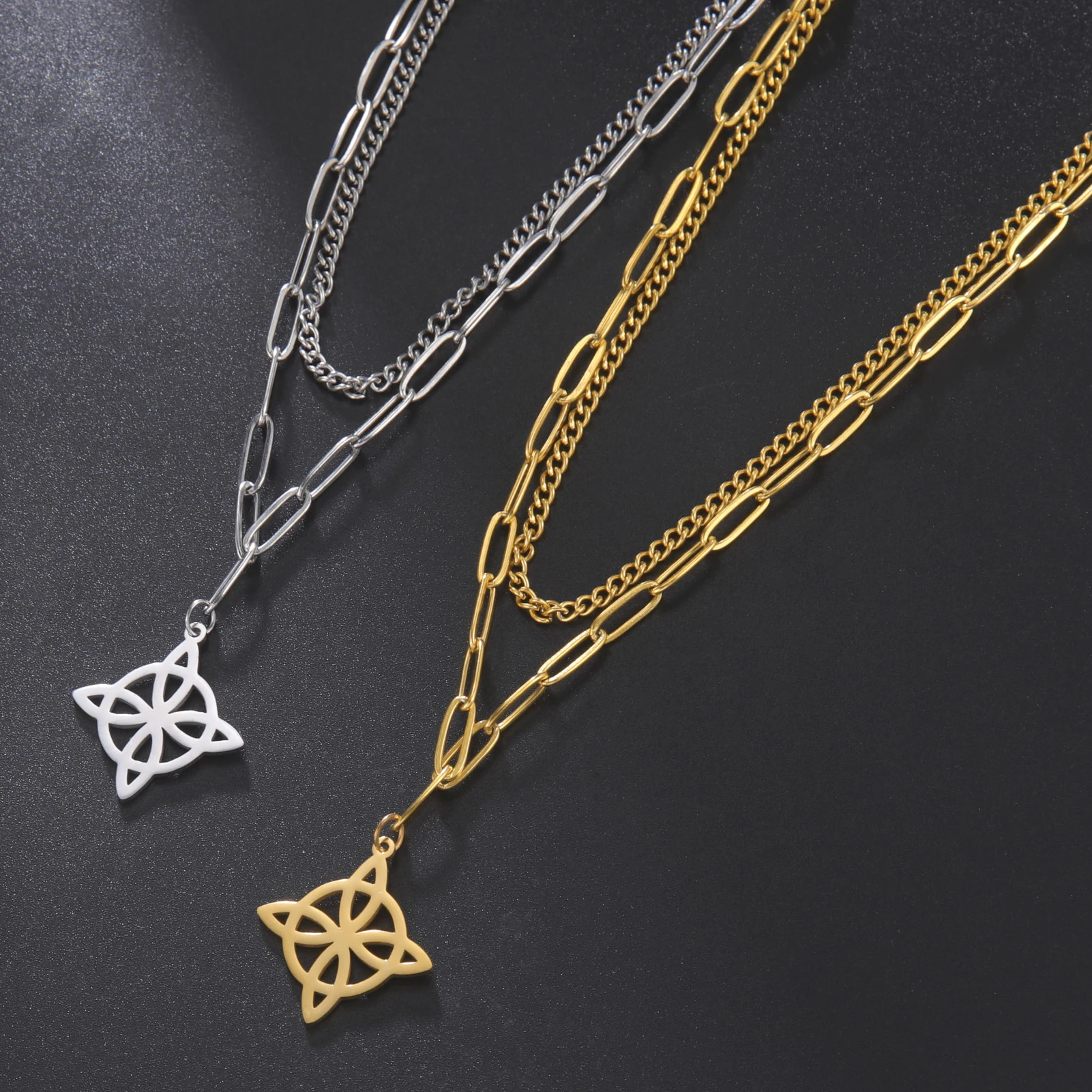 Triquetra Symbol Witch Knot Charm Double Layer Necklace Trinity Celtic Knot Health Amulet Stainless Steel Jewelry Religious Gift