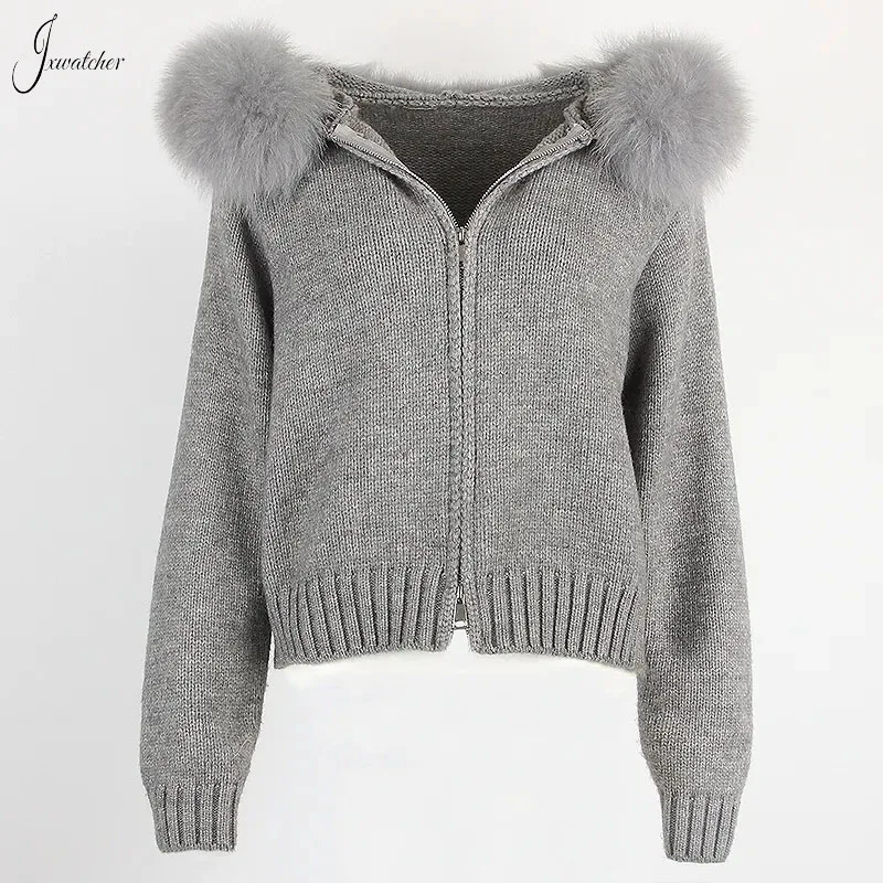 

Jxwatcher Women's Sweater Autumn Casual Knit Hooded Short Coat Real Fox Fur Collar Cardigan With Zipper Lady Fashion Jacket 2023