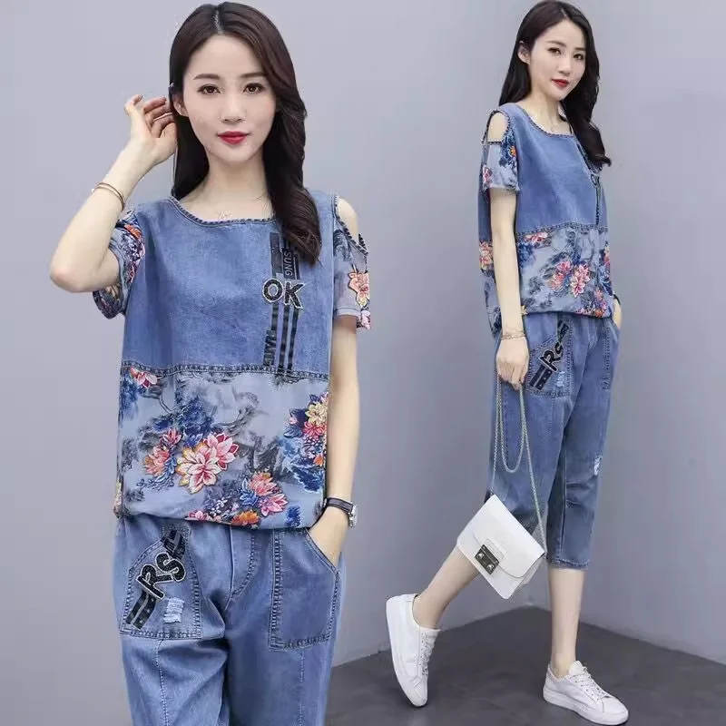 2024 Women's Denim Suit Summer Women Sets Ethnic Retro Loose Print Short Sleeved Two Piece Suit Female Print Pant 2 Piece