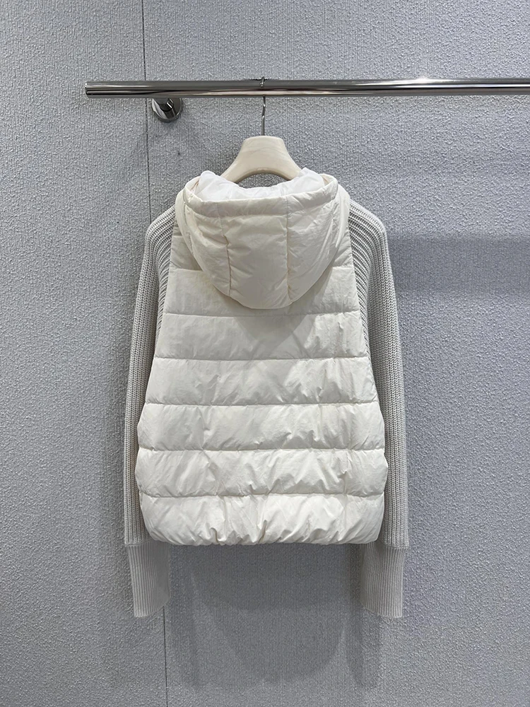 سترة شتوية عصرية بيضاء كاجوال يومية للنساء برباط مع ياقة قبعة وسحاب فضفاض وأكمام طويلة