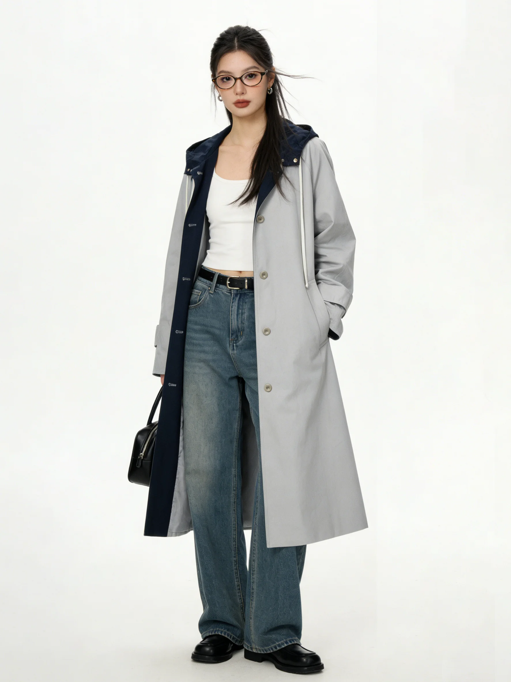 Early Spring New Korean Style Color Block Long Casual Slimming Coat Hepburn Splicing Pattern Long Hooded Windbreaker Jacket
