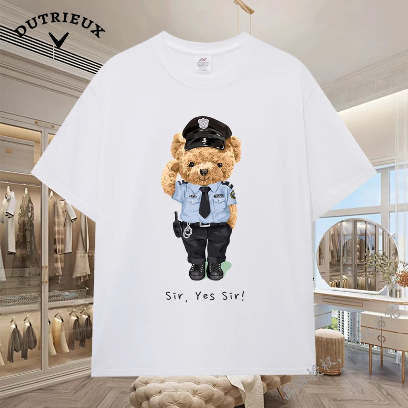 2024 New Luxury Bear Short Sleeved Men's and Women's Loose 230g Fabric weight Cotton Versatile Round Neck Breathable Inner Layup