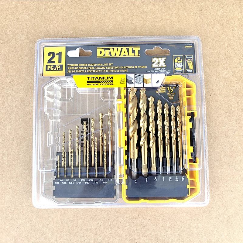 DEWALT DW1361 21PCS Titanium Coated Drill Bit Set Pilot Point HSS Twist Drill Bits 1/16