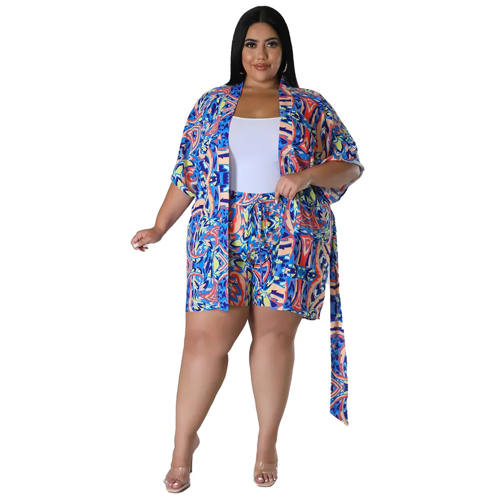 Plus Size Fashion Loose Printed Two Piece Shorts Set Summer Short Sleeve Lace Blouse Shorts Casual Tracksuit Streetwear Outfits