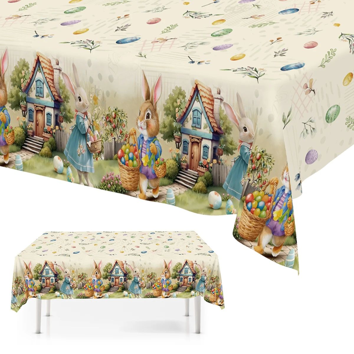 Easter Rectangle Tablecloth Spring Floral Printed Table Cloth Cute Bunny Easter Eggs Design Table Cover Dining Room Decor Home