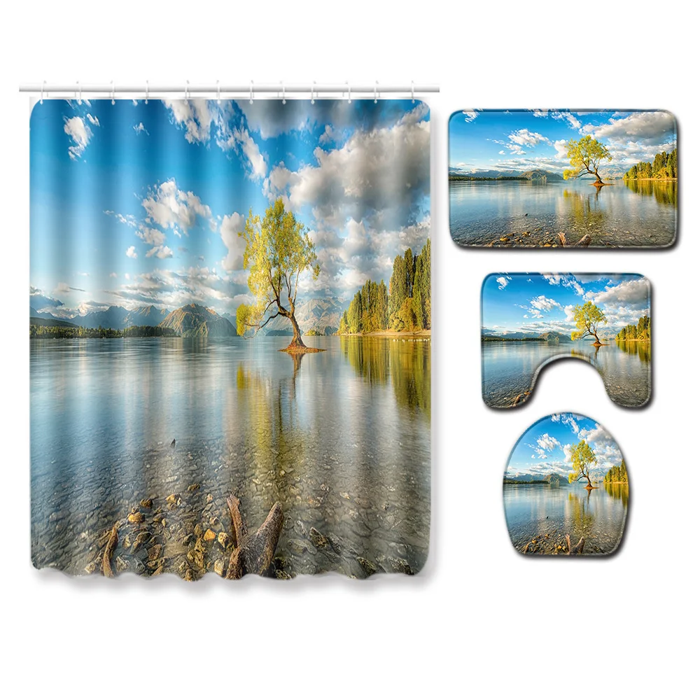 

Forest Lake River Mountain Sun landscape Shower Curtain set Bathroom Carpet Toilet Seat mat Shower Curtain Decoration Set