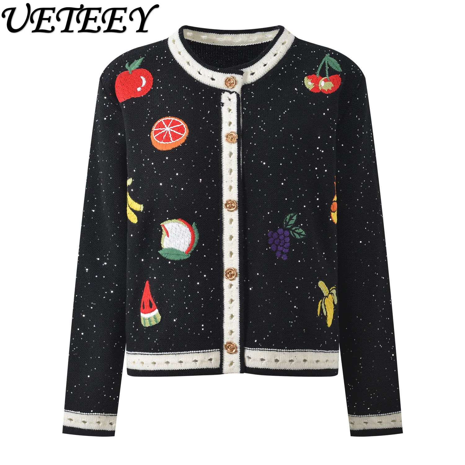 Herfst Winter Nieuw Ontwerp Geborduurd Kleurblok Ronde Hals Korte Trui Mode Leeftijdverlagend Veelzijdig Gebreid Vest Jas