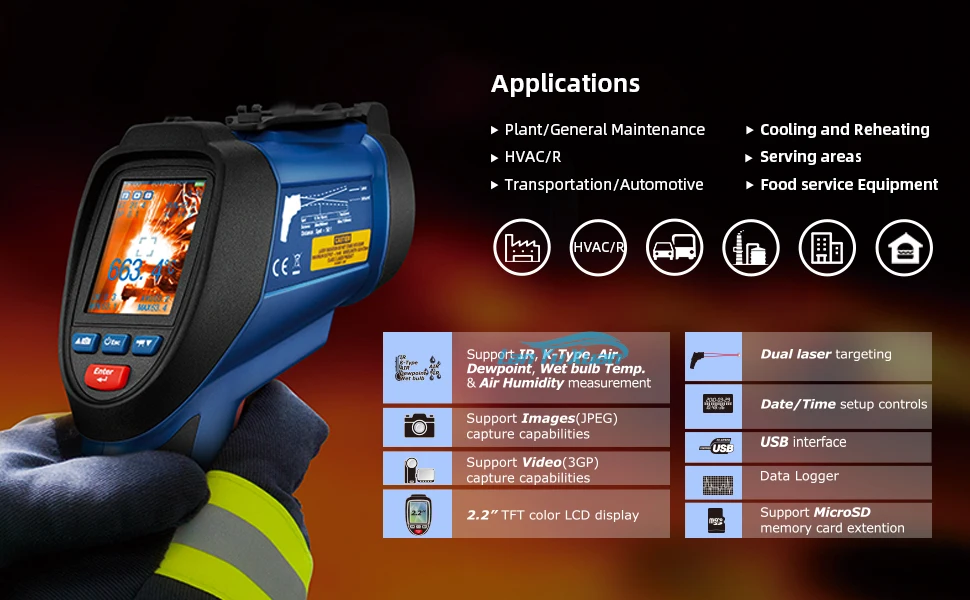 CEM DT-9862S Infrared Thermometer Gun -50 To 2200 Celsius Video Thermometers With Color LCD Display    