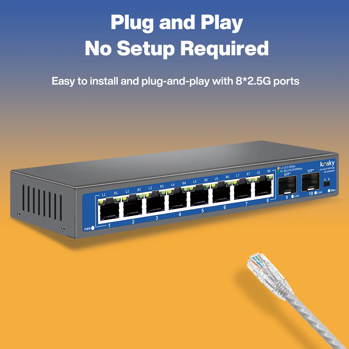 Il switch KOSKY 8+2 10G uplink 2.5G ha 8 porte RJ45 10/100/1000/2500Mbps 2 porte ottiche SFP 1/2,5/10Gbps adatte per ufficio