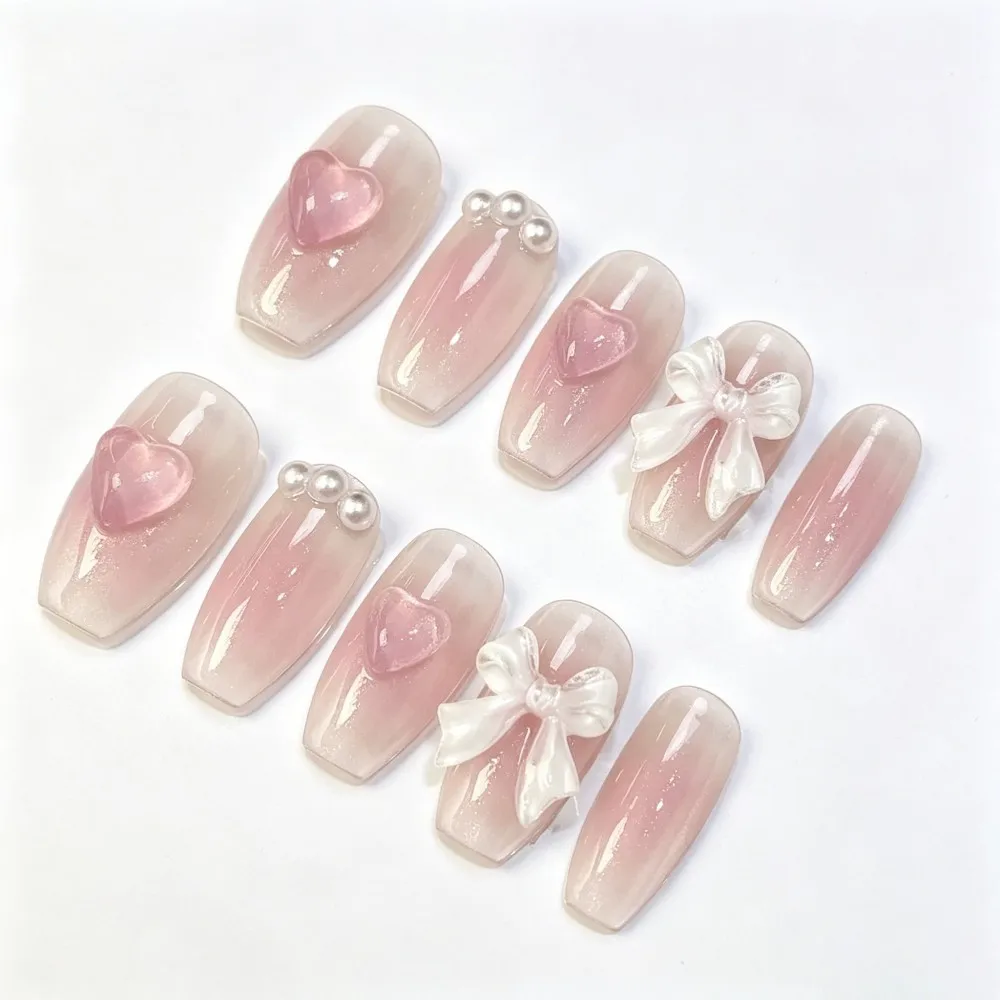 Cute Pink Sweet Princess Removable Handmade Wear Nail Art Y2K Vitality Girl Short Fake Nails Blush Bow Nail Patch view 6