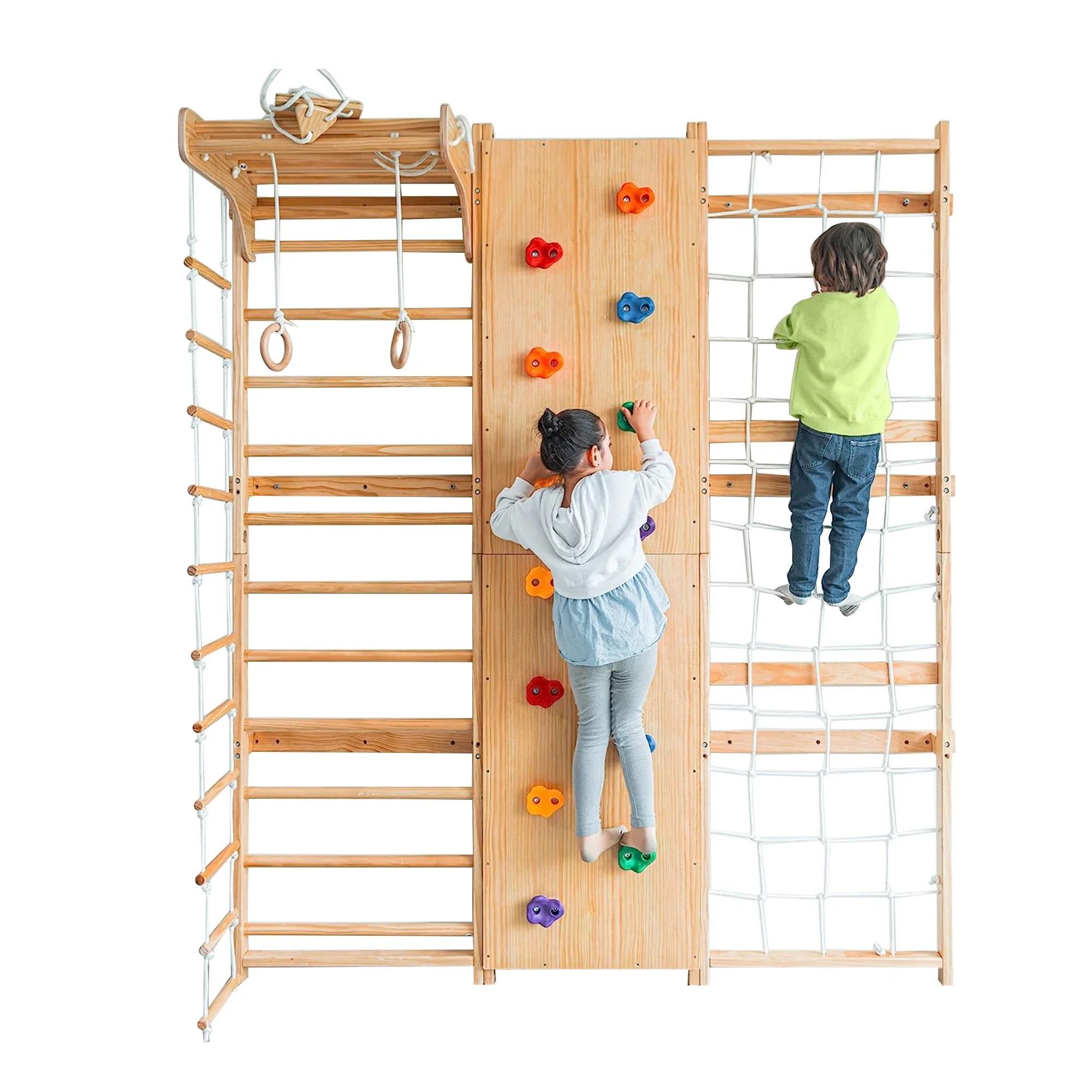 Indoor Montessori Playground  9-in-1 Swedish Kids Ladder Wall Jungle Gym Set With Rock Climbing And Pullup Bars