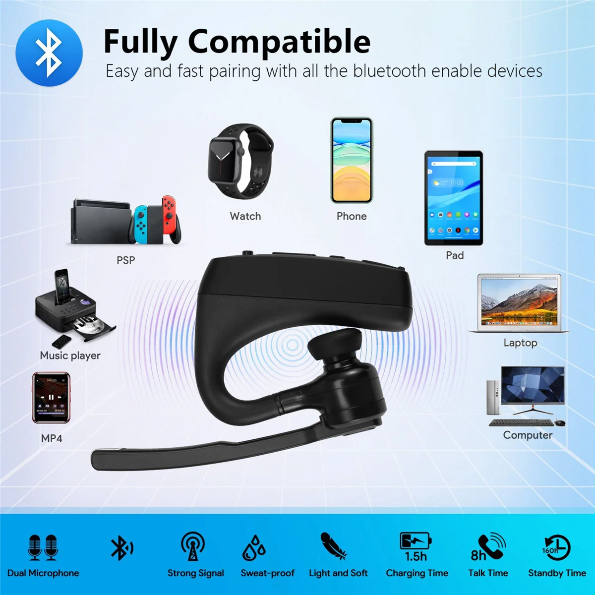 

NEW Walkie Talkie Bluetooth Earphone with K Plug Adapter Wireless PTT Remote Control for Restaurant Hotel