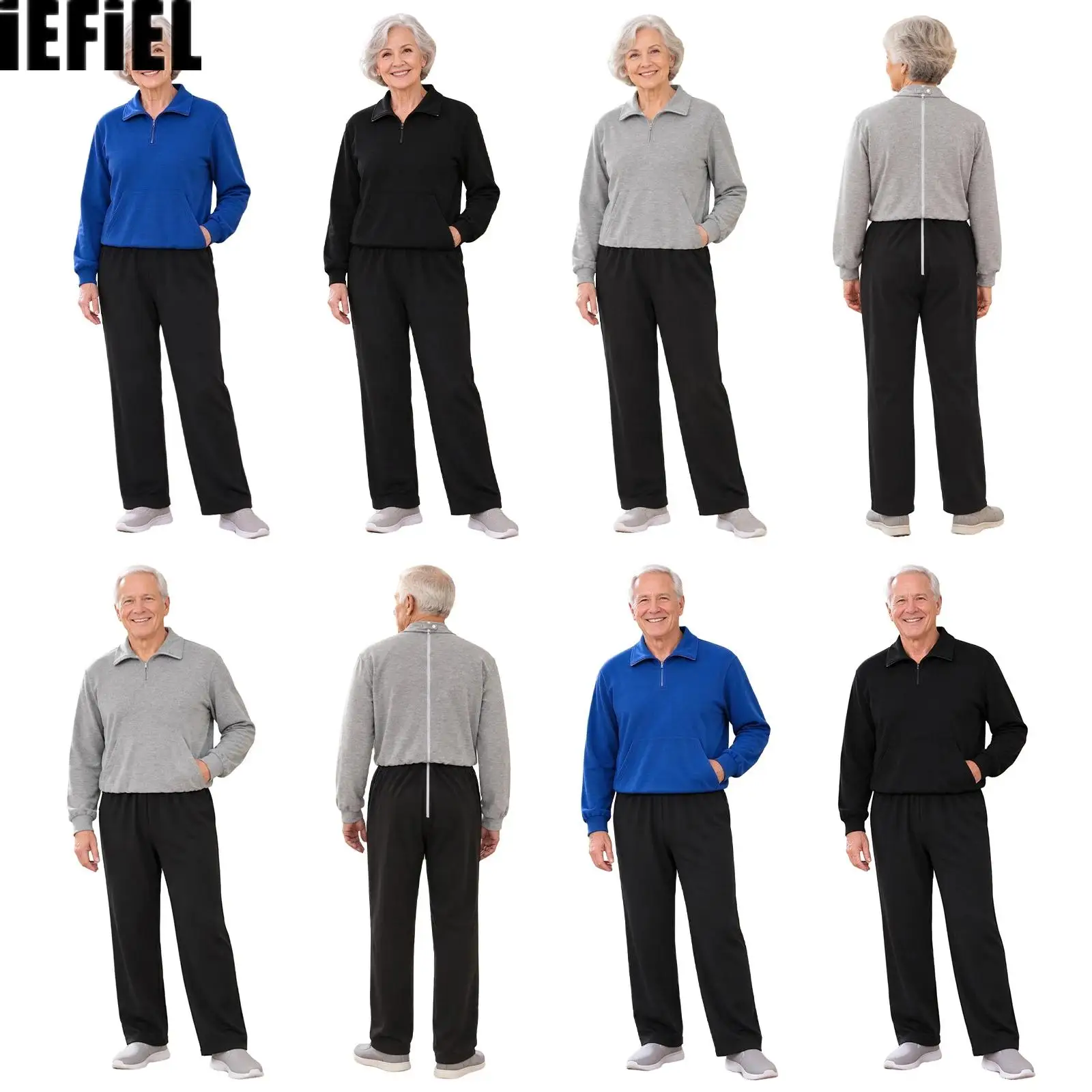 Women Men Anti-strip Back-zip Jumpsuit Zip-up Collar Long Sleeve Color-blocked Adaptive Bodysuit with Pocket for Daily Life