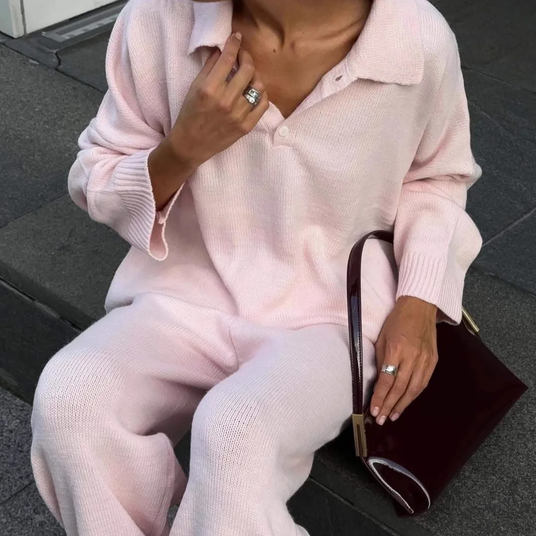

Autumn Winter Women's Pure Color Collared Knitwear Set Loose Fit Ne Sweater Wide Leg Pants Two Piece Faion Ensemble