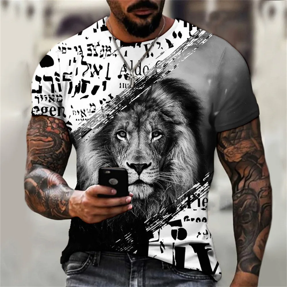 Europe and America Fashion Lion vintage t shirt For Men Trend Personality Printed Animal Pattern Round Neck Streetwear Tees Tops