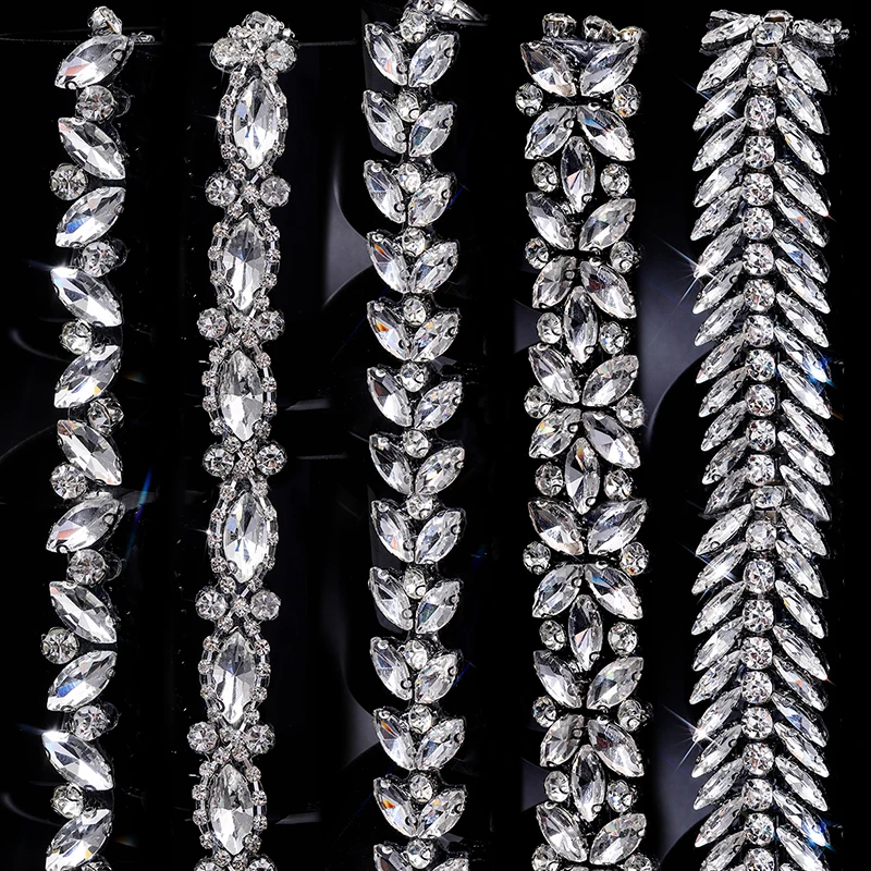 1 yarda de ojo de caballo, borde de diamantes de imitación de cristal, tira de diamantes, cinta de raso, hierro brillante en diamantes de imitación, accesorios para falda y vestido de boda DIY