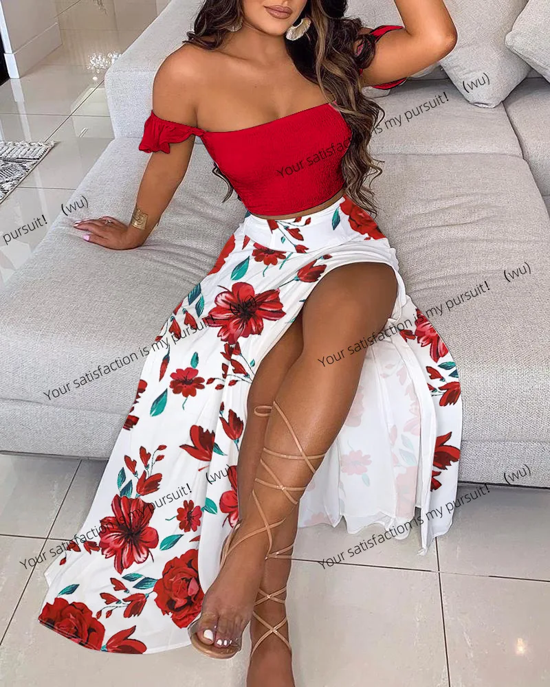 

ZOCI-для богемного комплекта из 2 предметов, топ с открытыми плечами и многослойное платье с цветочным принтом с высокой талией, летний женский повседневный комплект платьев