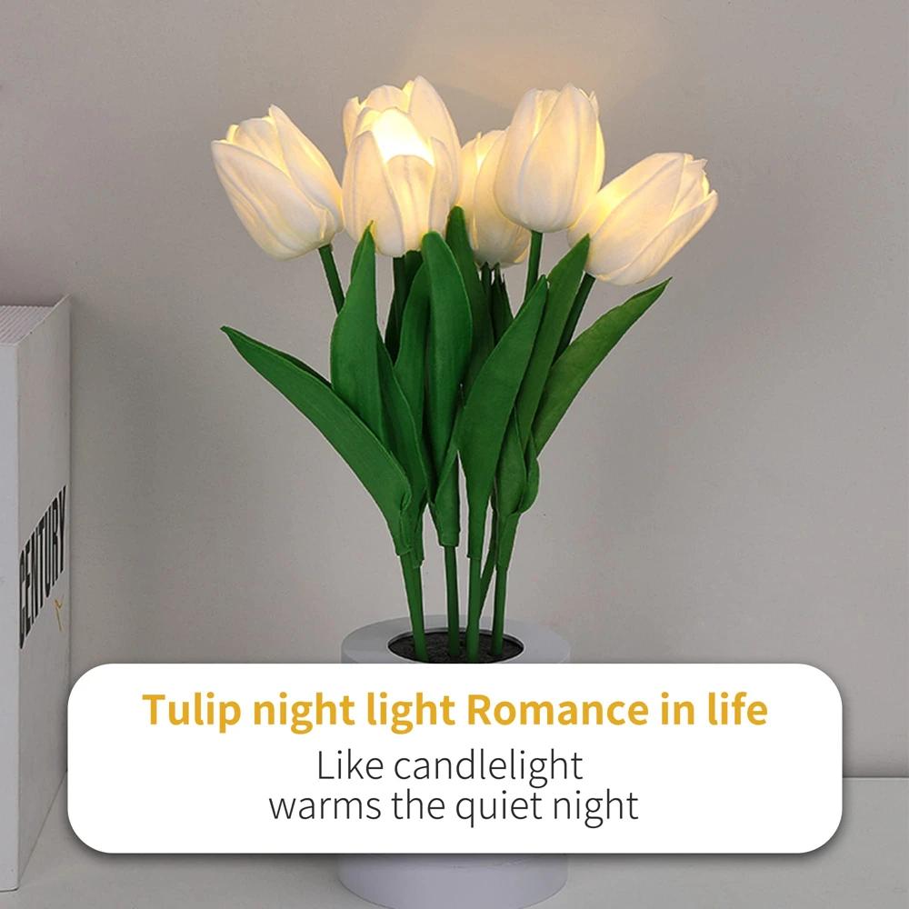 LED Flower Night Light Tulip Table Lamp Romantic Atmosphere Desk Lamp Creative Potted Bedside Decor for Bedroom Bar Restaurant